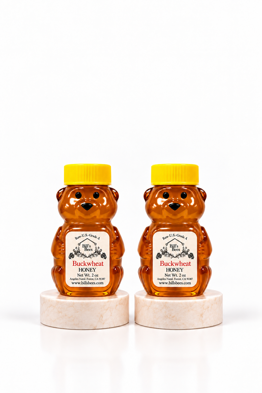 2 x 2 oz Bill's Bees Buckwheat Honey squeeze bears, portrait format