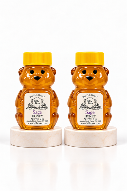 Two 2 oz Bill's Bees Sage Blossom Honey squeeze bears, portrait format