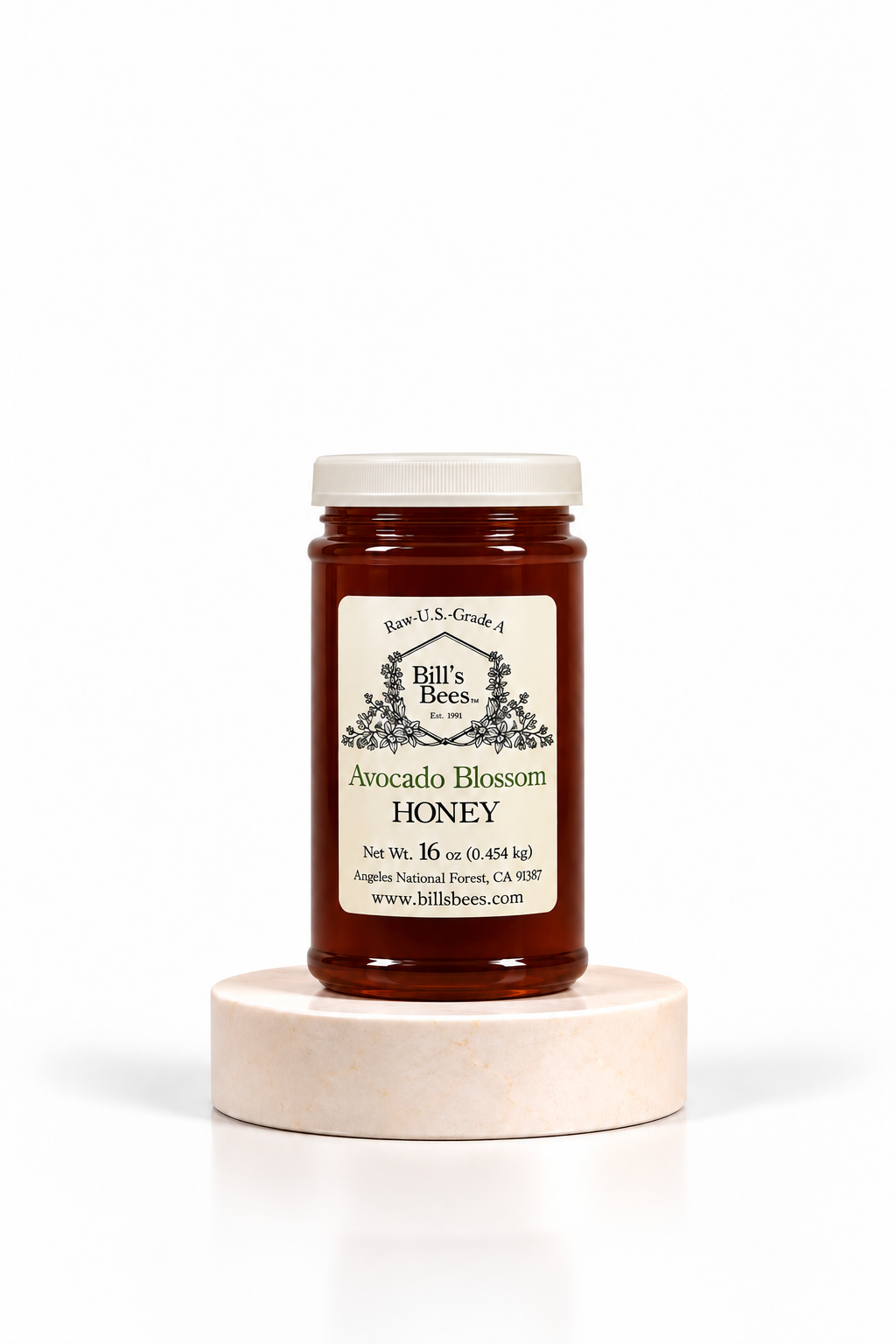 16 oz Bill's Bees Avocado Blossom Honey jar, portrait format